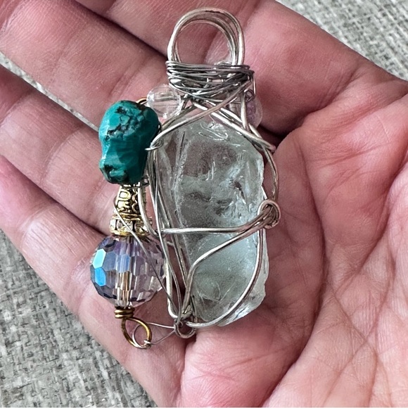 Blue Sea Beach Glass Pendant Beaded Accent Artisan Silver Wire-Wrapped Necklace - Picture 3 of 11